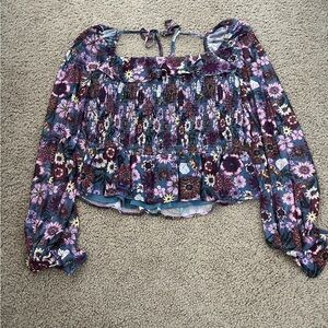 LC Lauren Conrad Floral Smocked Blouse - Purple and Blue